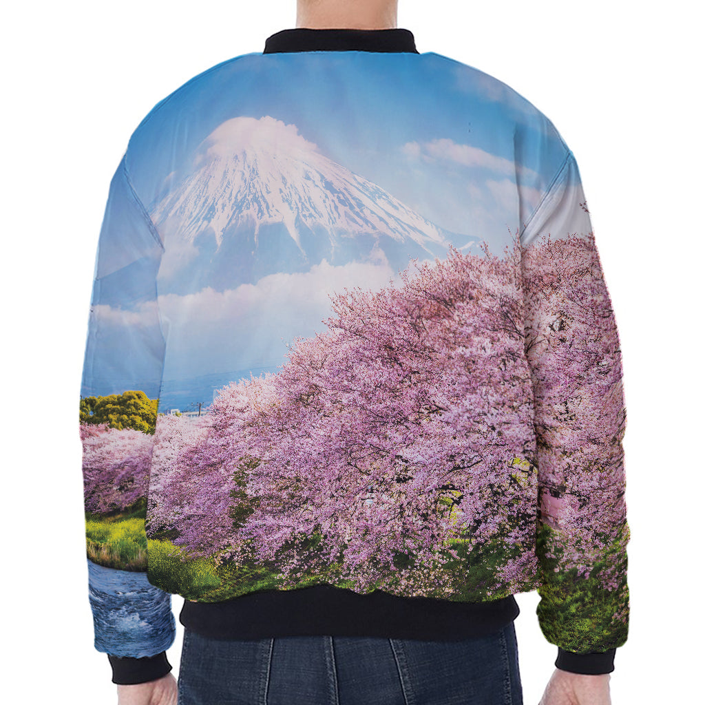 Mount Fuji And Cherry Blossom Print Zip Sleeve Bomber Jacket