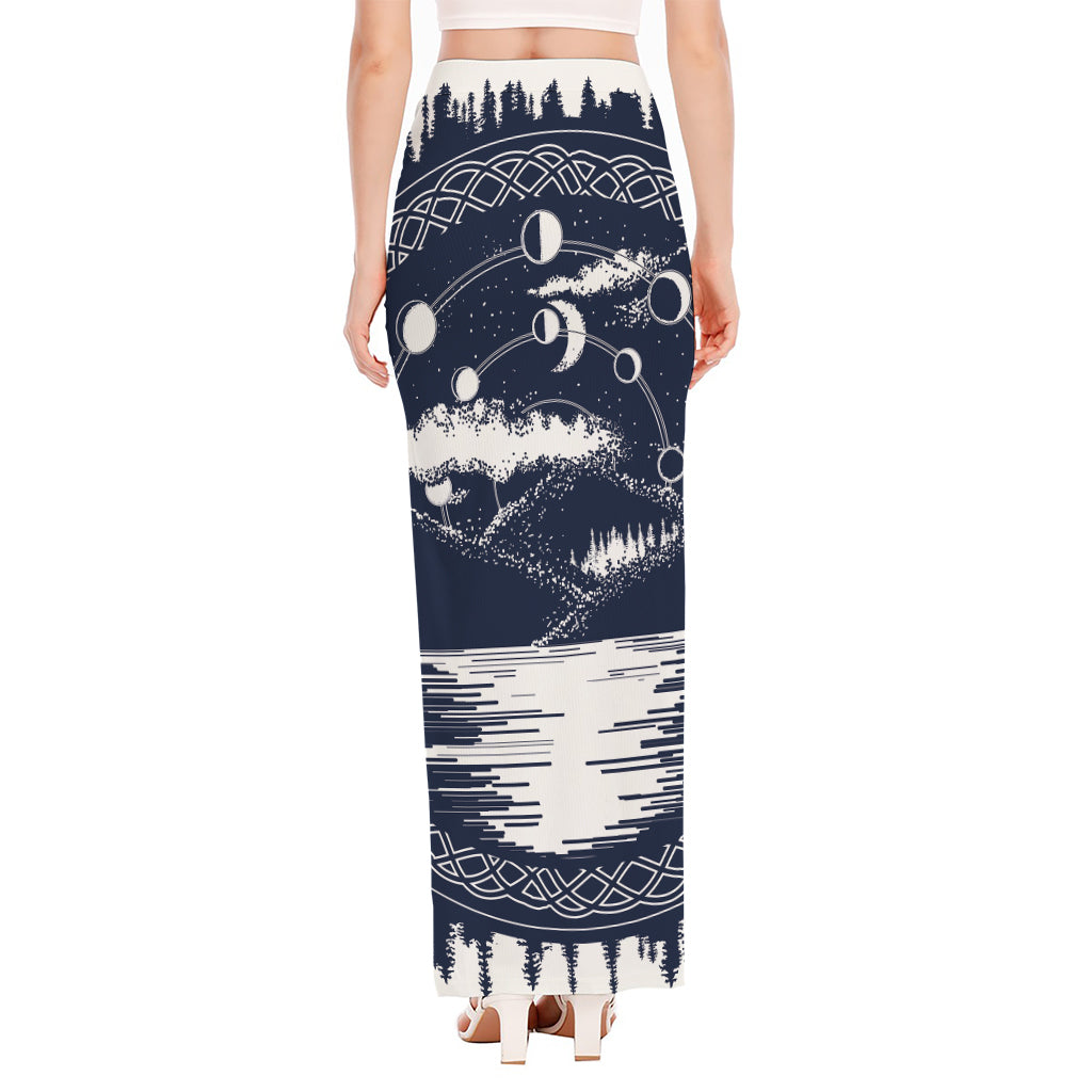 Mystical Lunar Phase Print High Slit Maxi Skirt