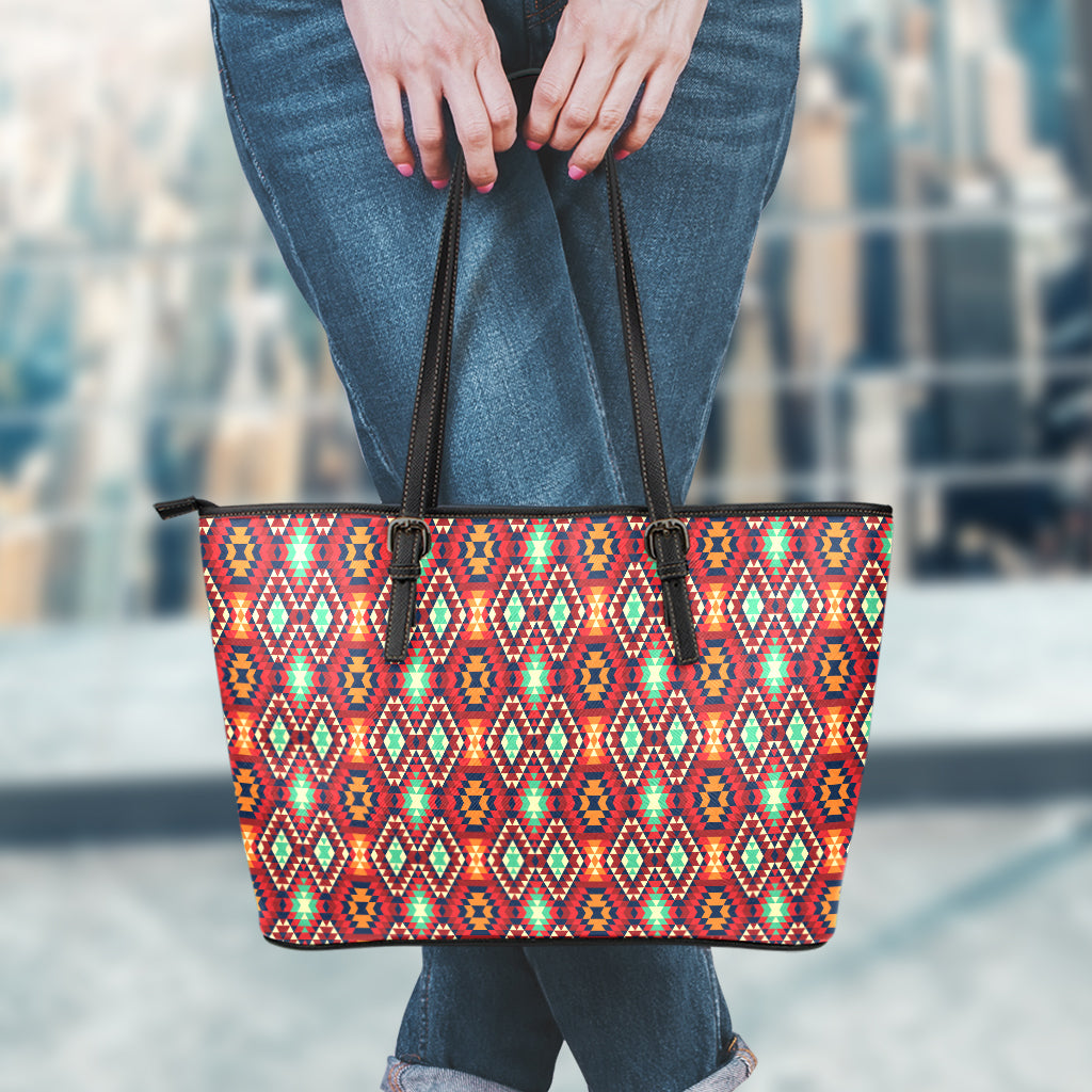 Native American Geometric Pattern Print Leather Tote Bag