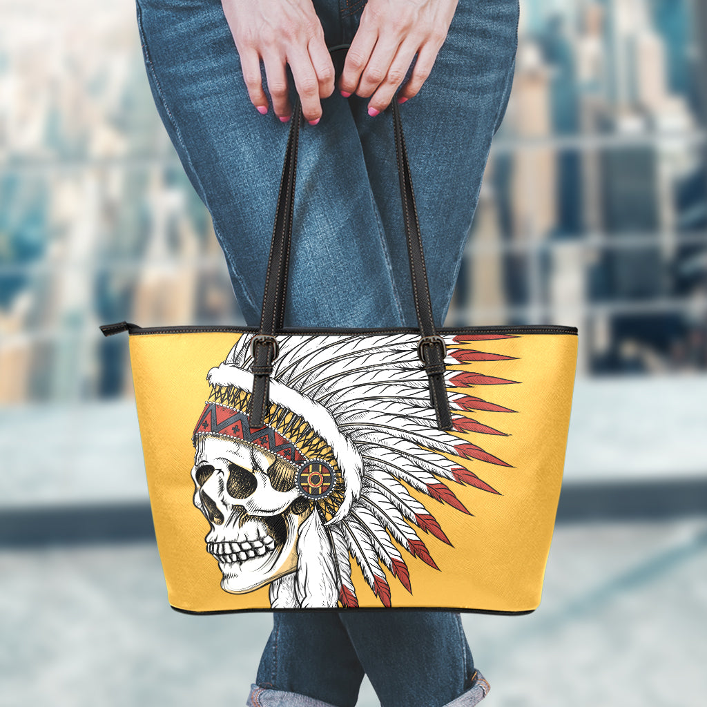 Native American Indian Skull Print Leather Tote Bag