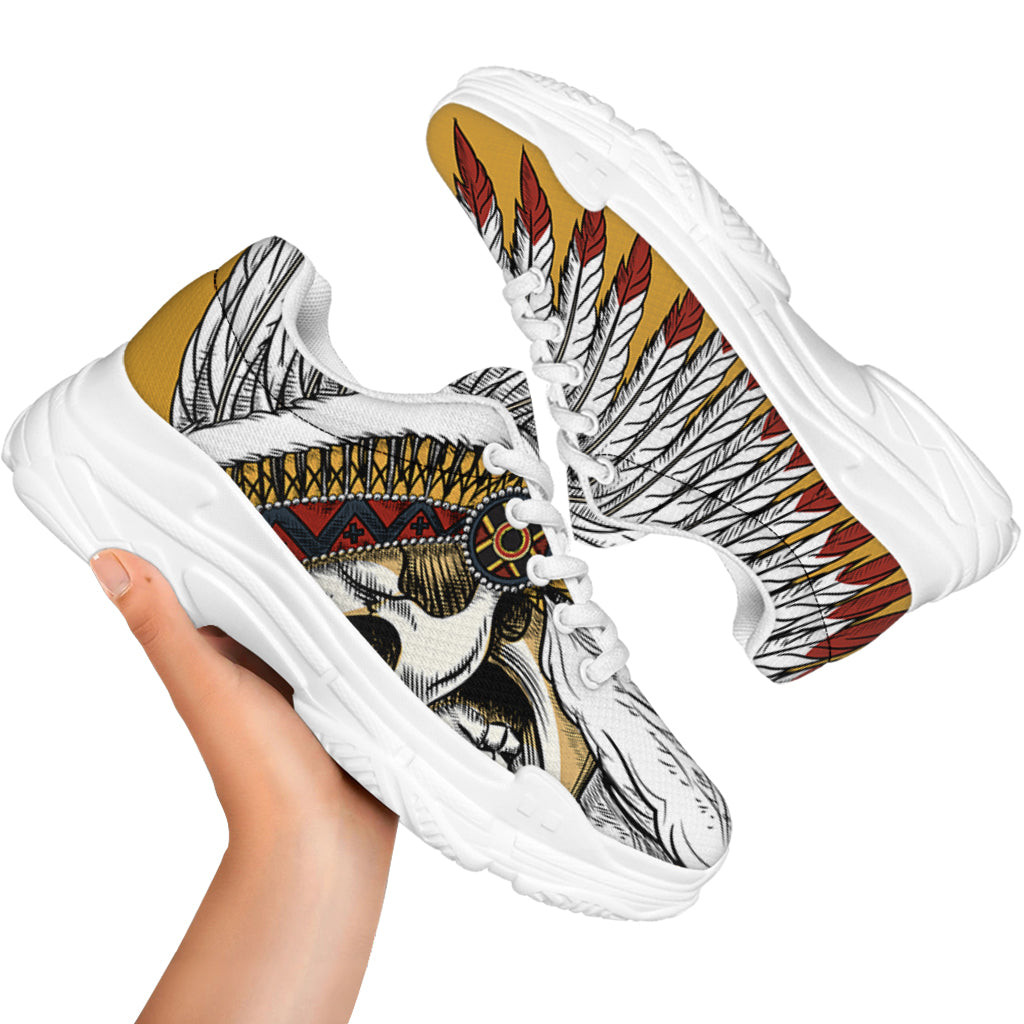 Native American Indian Skull Print White Chunky Shoes