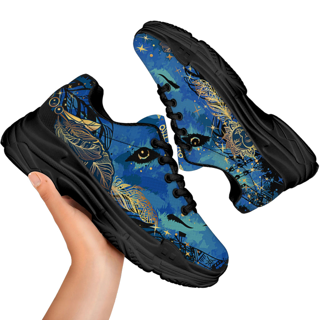 Native American Spiritual Wolf Print Black Chunky Shoes