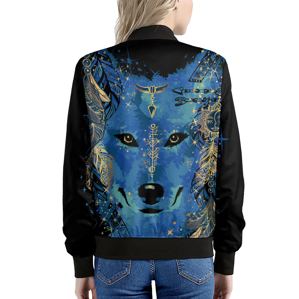 Native American Spiritual Wolf Print Women's Bomber Jacket