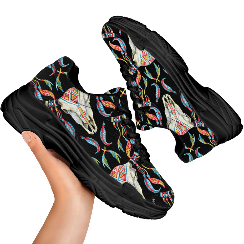 Native Buffalo Pattern Print Black Chunky Shoes
