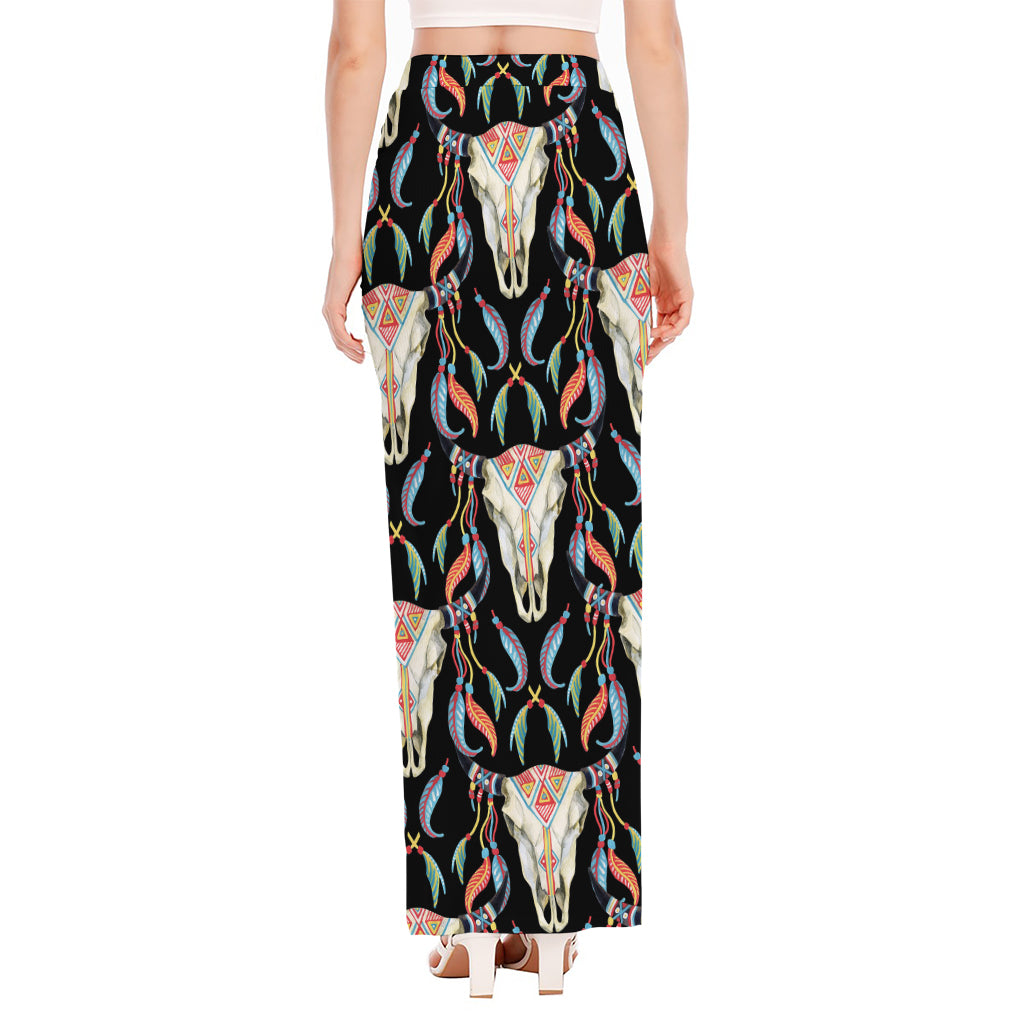 Native Buffalo Pattern Print High Slit Maxi Skirt