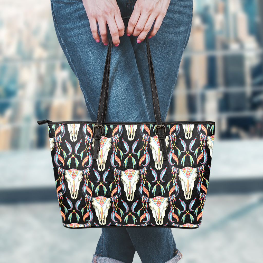 Native Buffalo Pattern Print Leather Tote Bag