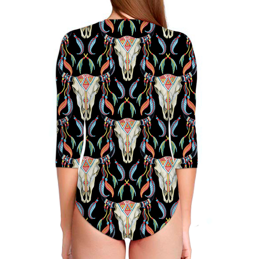 Native Buffalo Pattern Print Long Sleeve Swimsuit