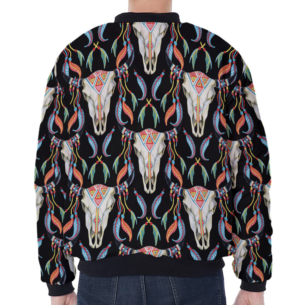 Native Buffalo Pattern Print Zip Sleeve Bomber Jacket