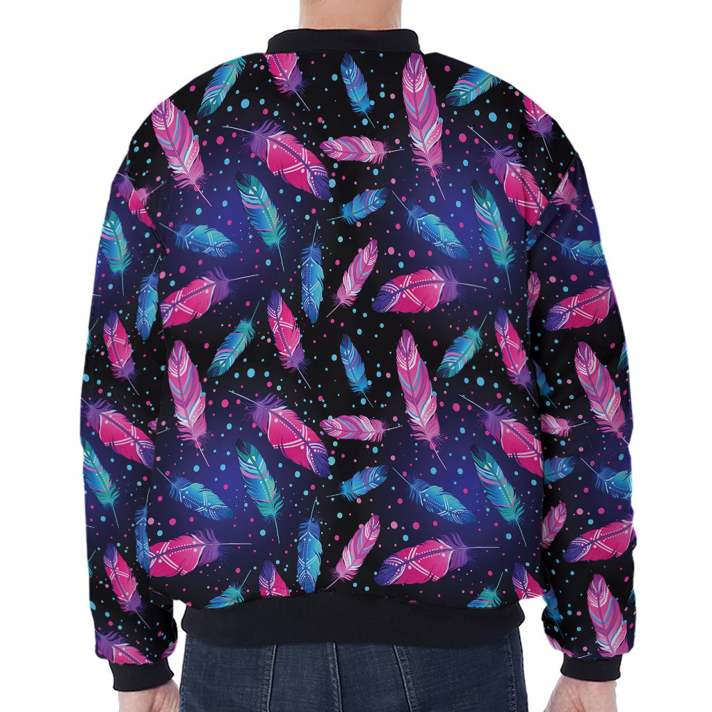 Native Feather Pattern Print Zip Sleeve Bomber Jacket