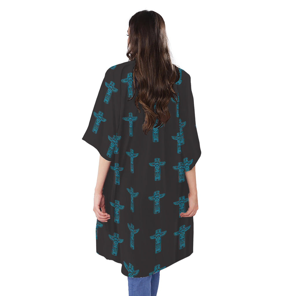 Native Totem Pattern Print Open Front Beach Cover Up