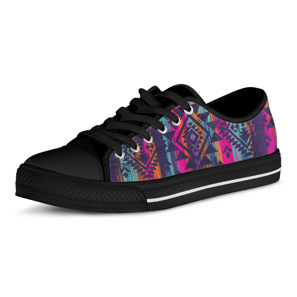 Native Tribal Aztec Pattern Print Black Low Top Sneakers