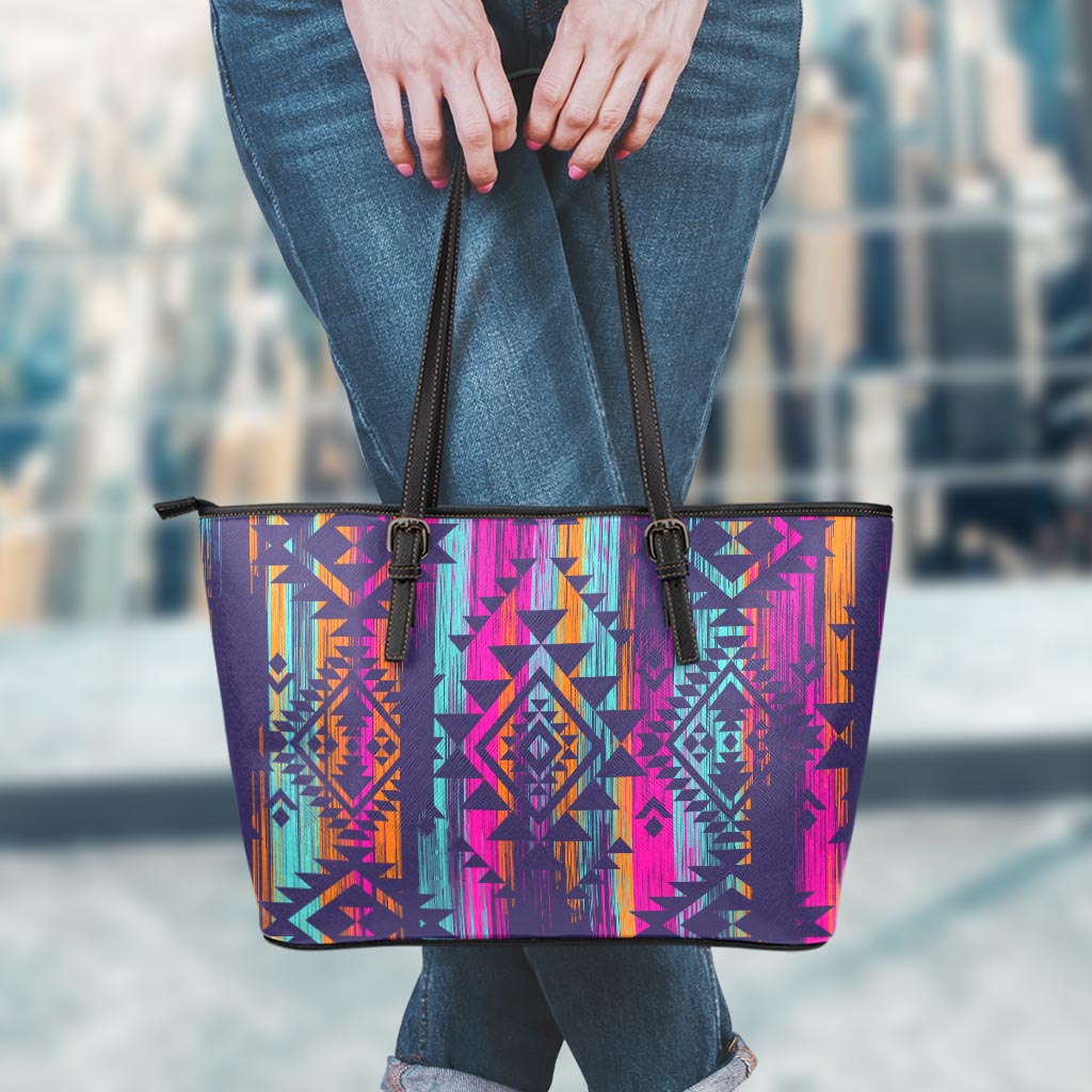 Native Tribal Aztec Pattern Print Leather Tote Bag