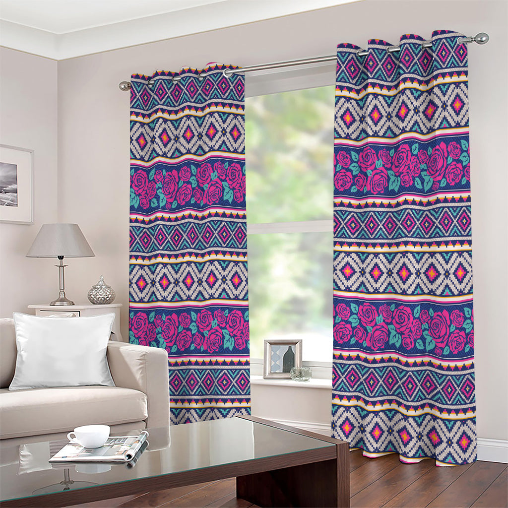 Native Tribal Ethnic Rose Pattern Print Extra Wide Grommet Curtains