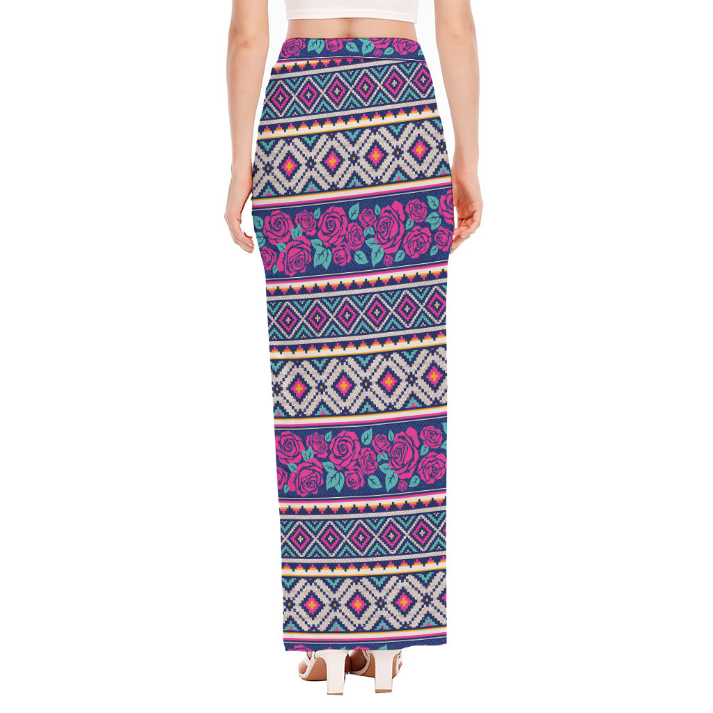 Native Tribal Ethnic Rose Pattern Print High Slit Maxi Skirt