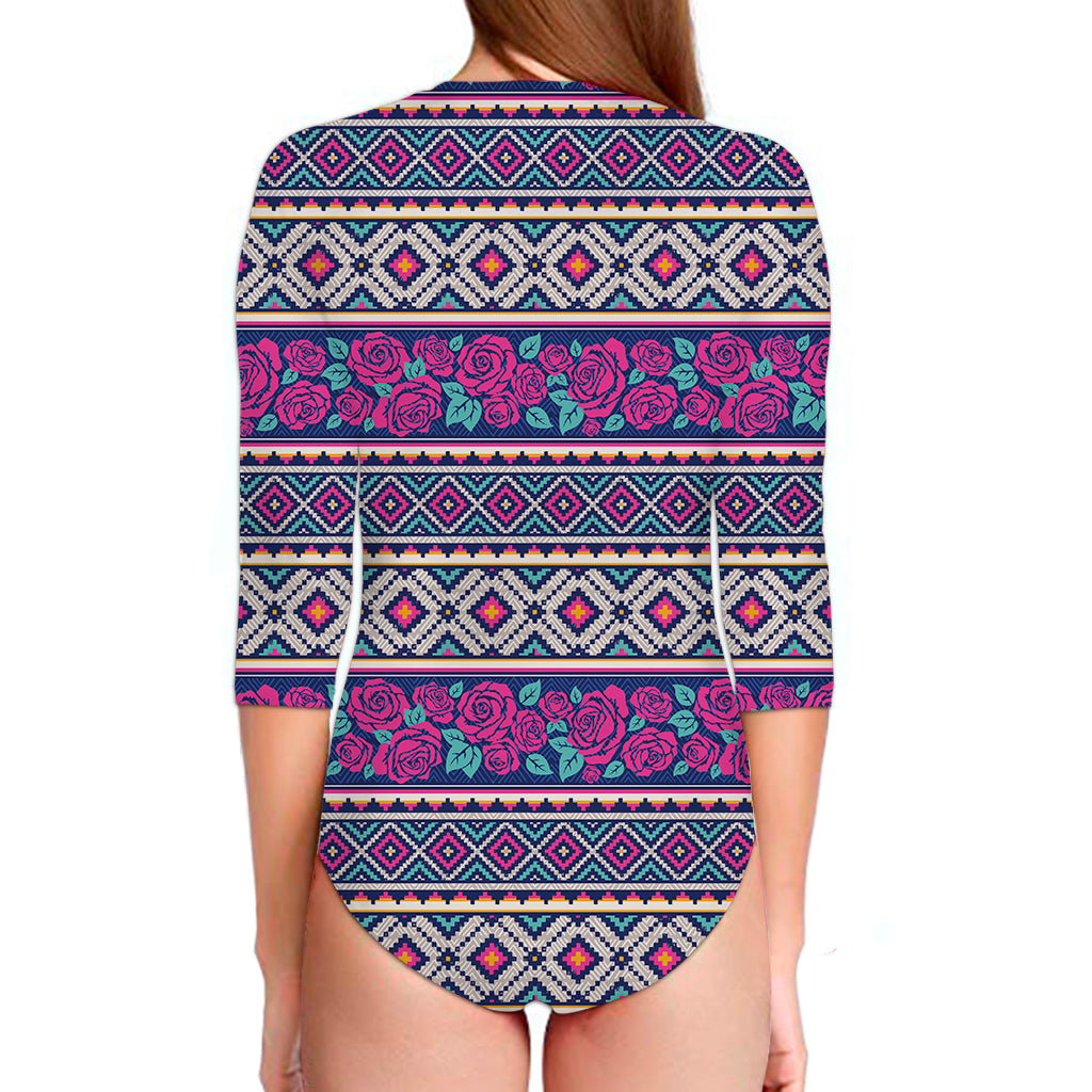 Native Tribal Ethnic Rose Pattern Print Long Sleeve Swimsuit