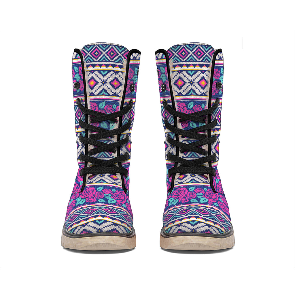 Native Tribal Ethnic Rose Pattern Print Winter Boots