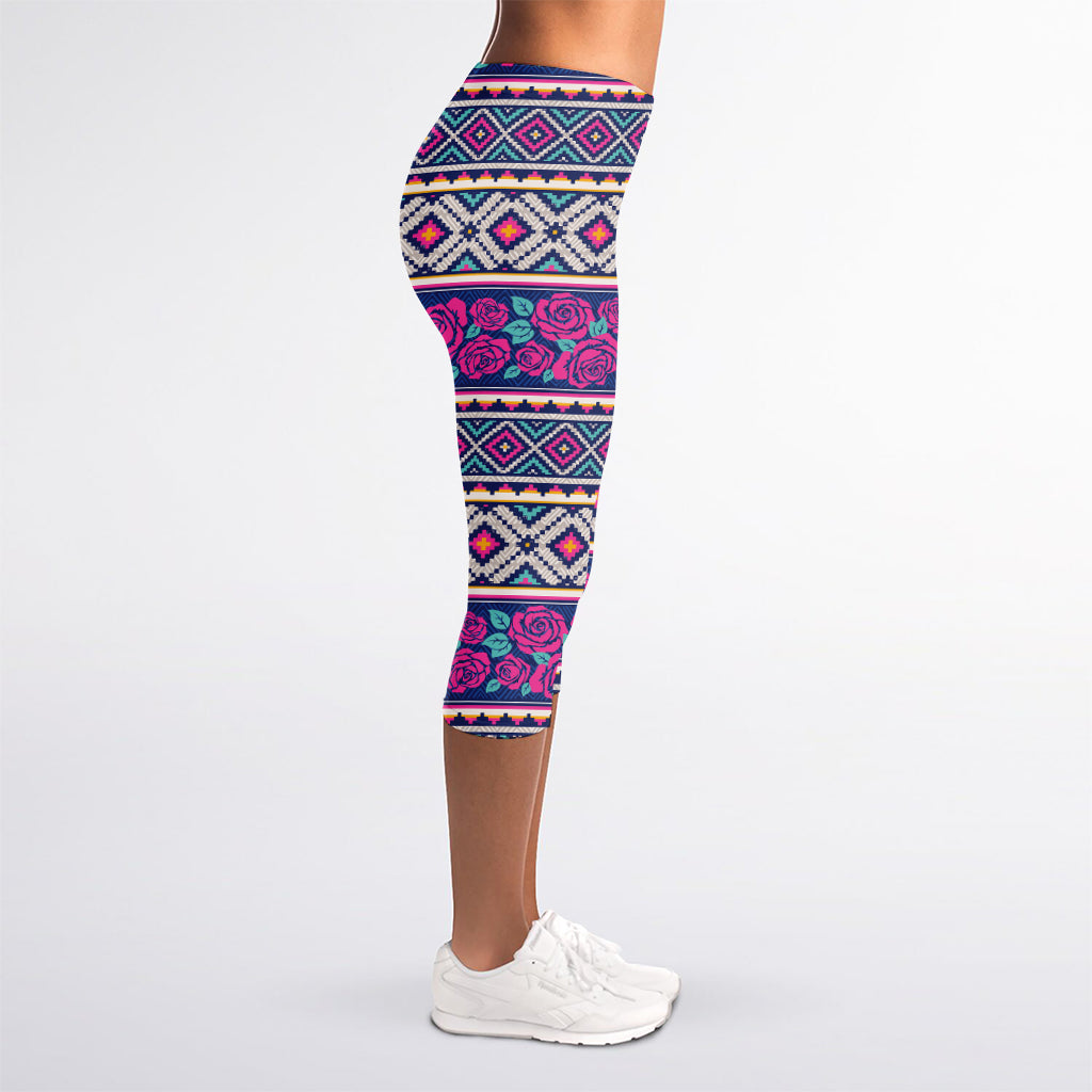 Native Tribal Ethnic Rose Pattern Print Women's Capri Leggings