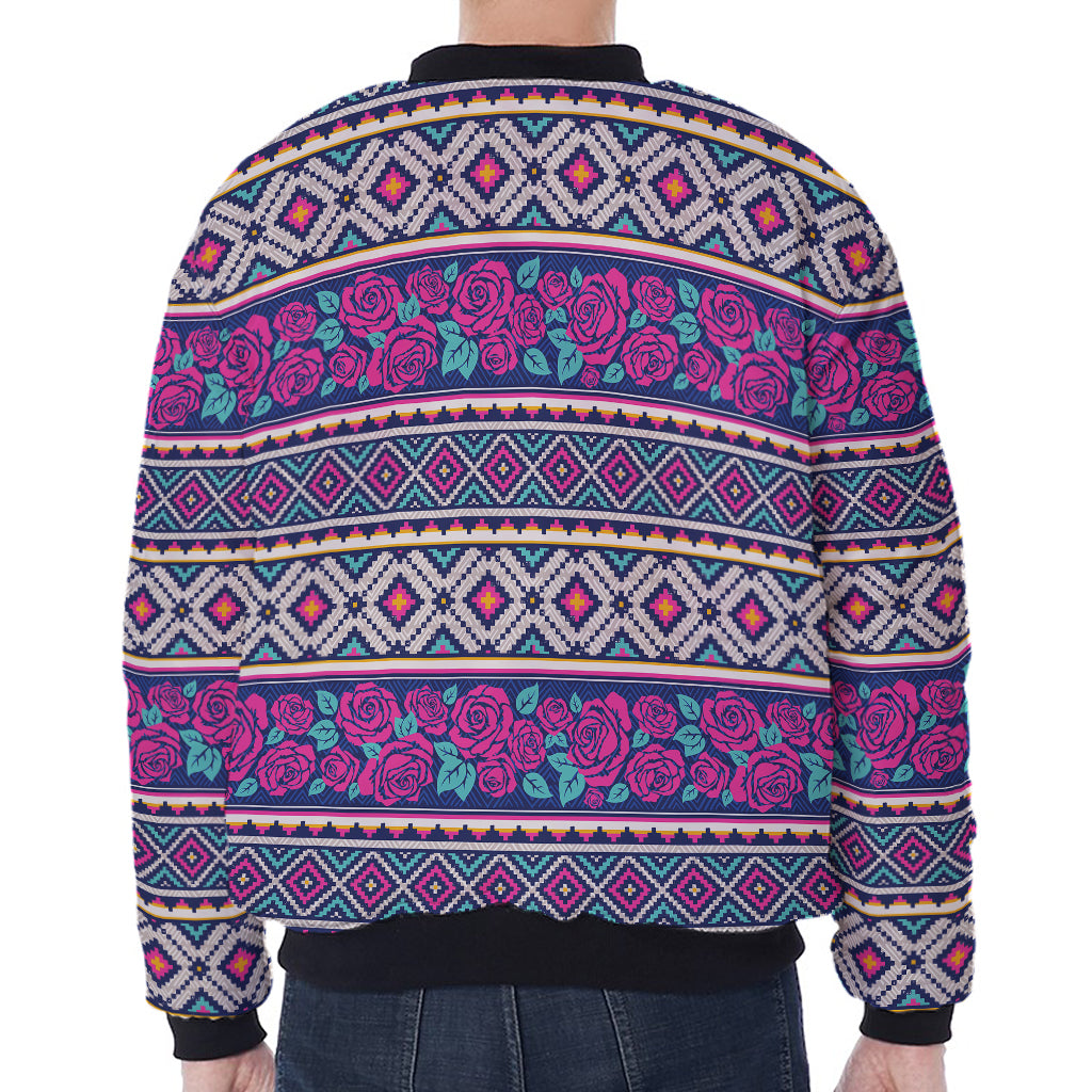 Native Tribal Ethnic Rose Pattern Print Zip Sleeve Bomber Jacket