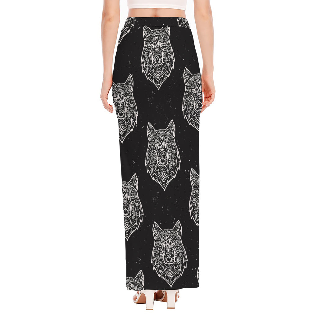 Native Tribal Wolf Pattern Print High Slit Maxi Skirt