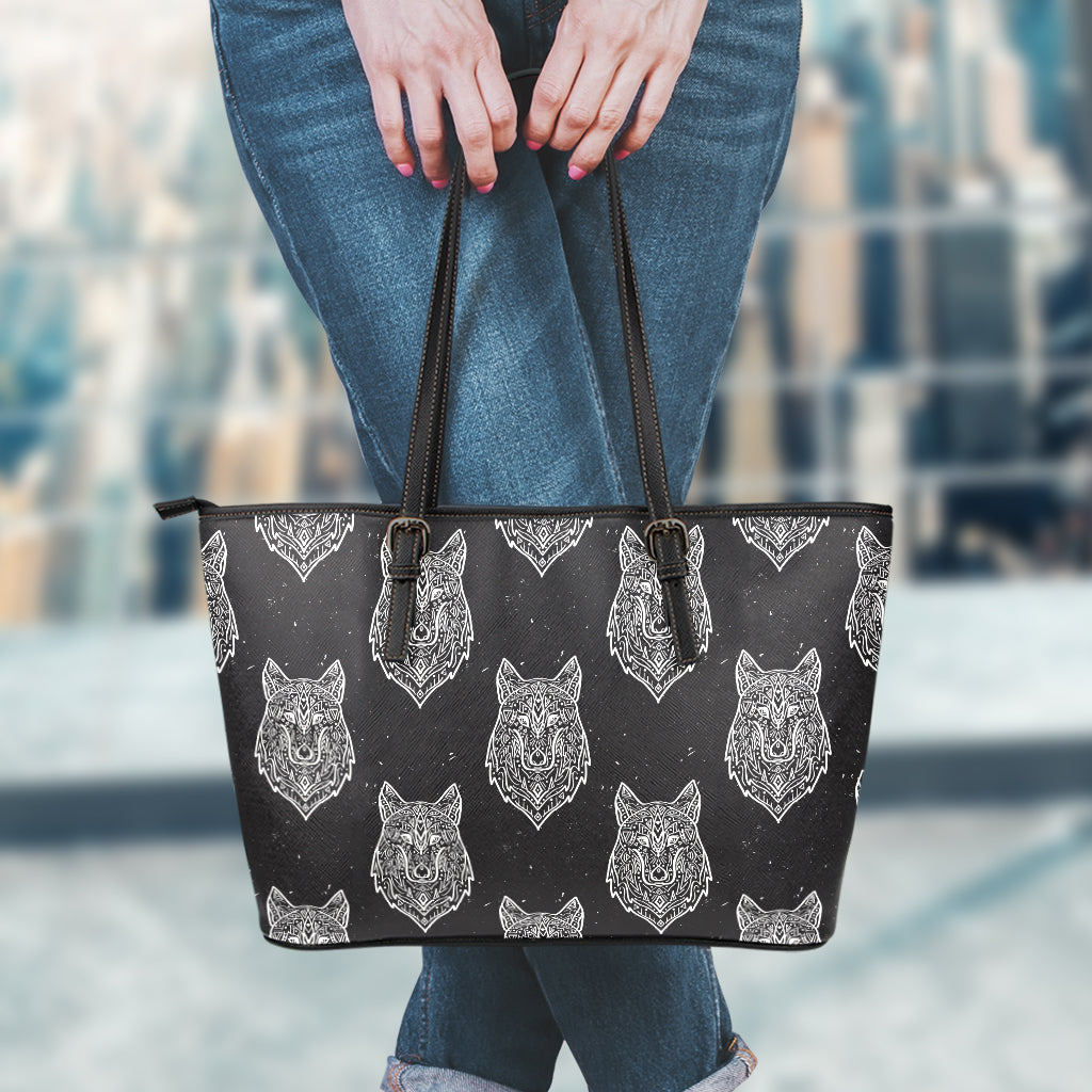 Native Tribal Wolf Pattern Print Leather Tote Bag