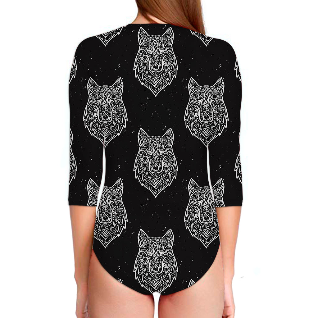 Native Tribal Wolf Pattern Print Long Sleeve Swimsuit