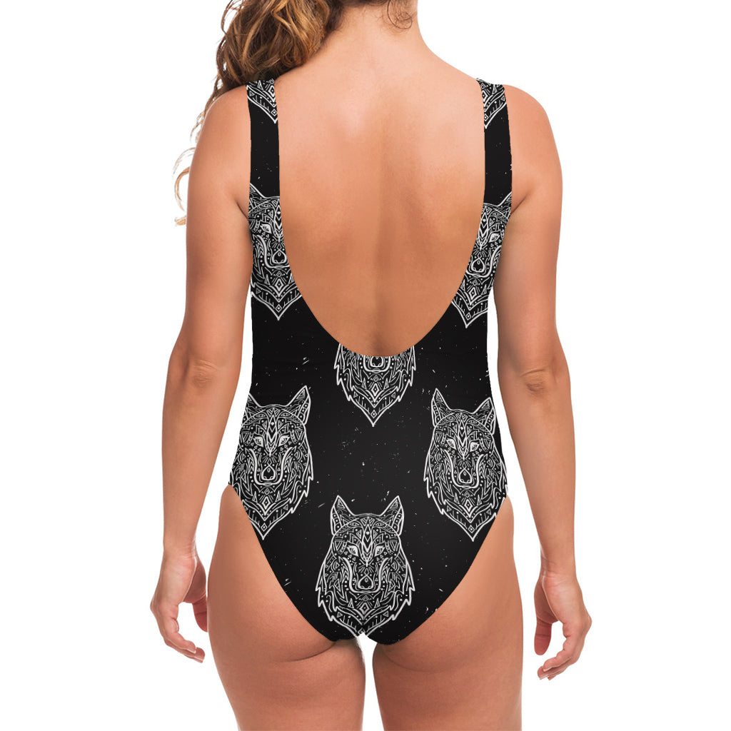 Native Tribal Wolf Pattern Print One Piece Swimsuit