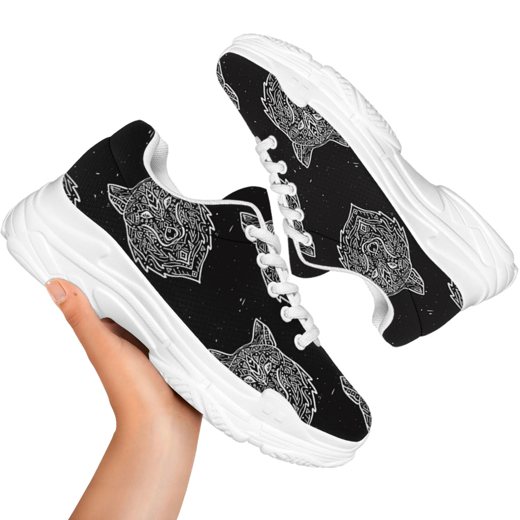 Native Tribal Wolf Pattern Print White Chunky Shoes