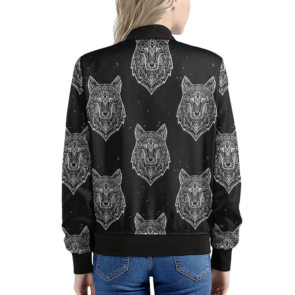 Native Tribal Wolf Pattern Print Women's Bomber Jacket