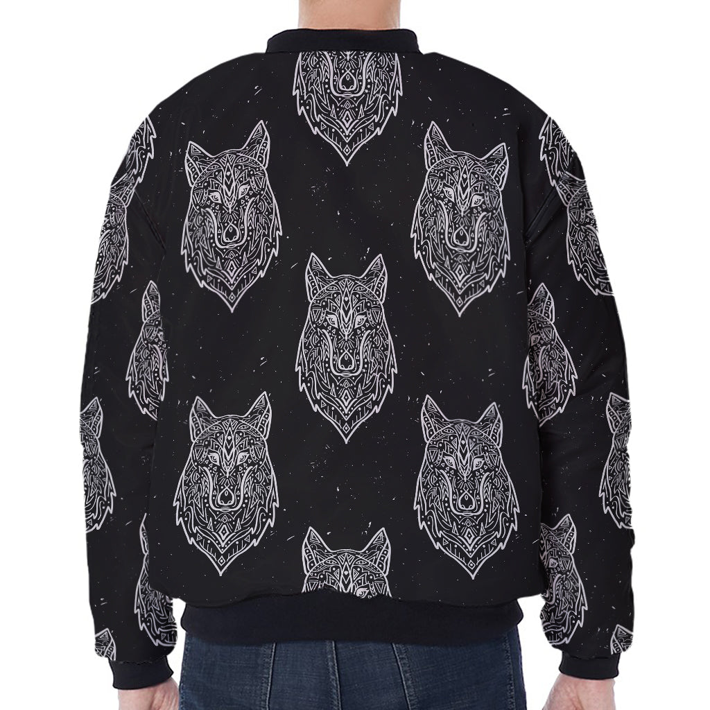 Native Tribal Wolf Pattern Print Zip Sleeve Bomber Jacket