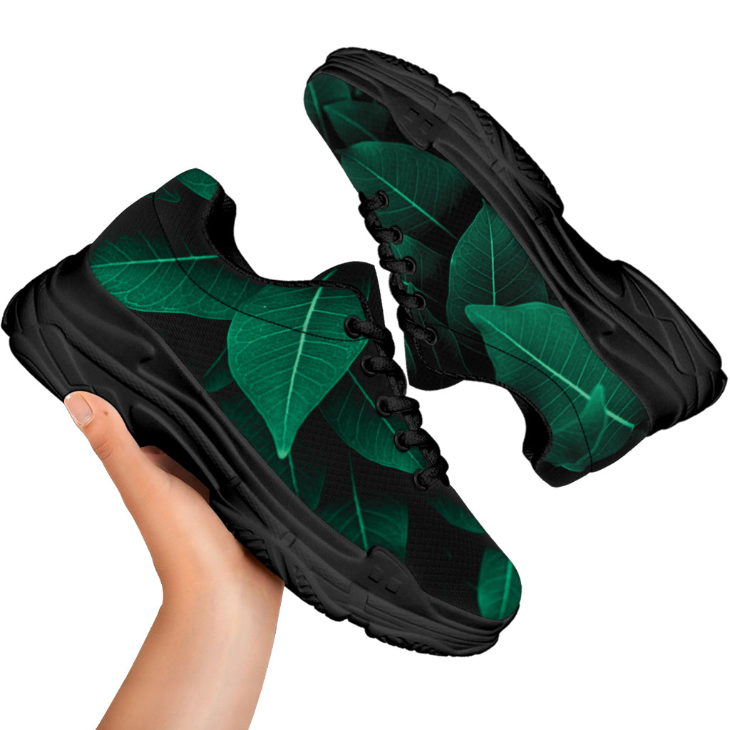 Natural Green Leaf Print Black Chunky Shoes