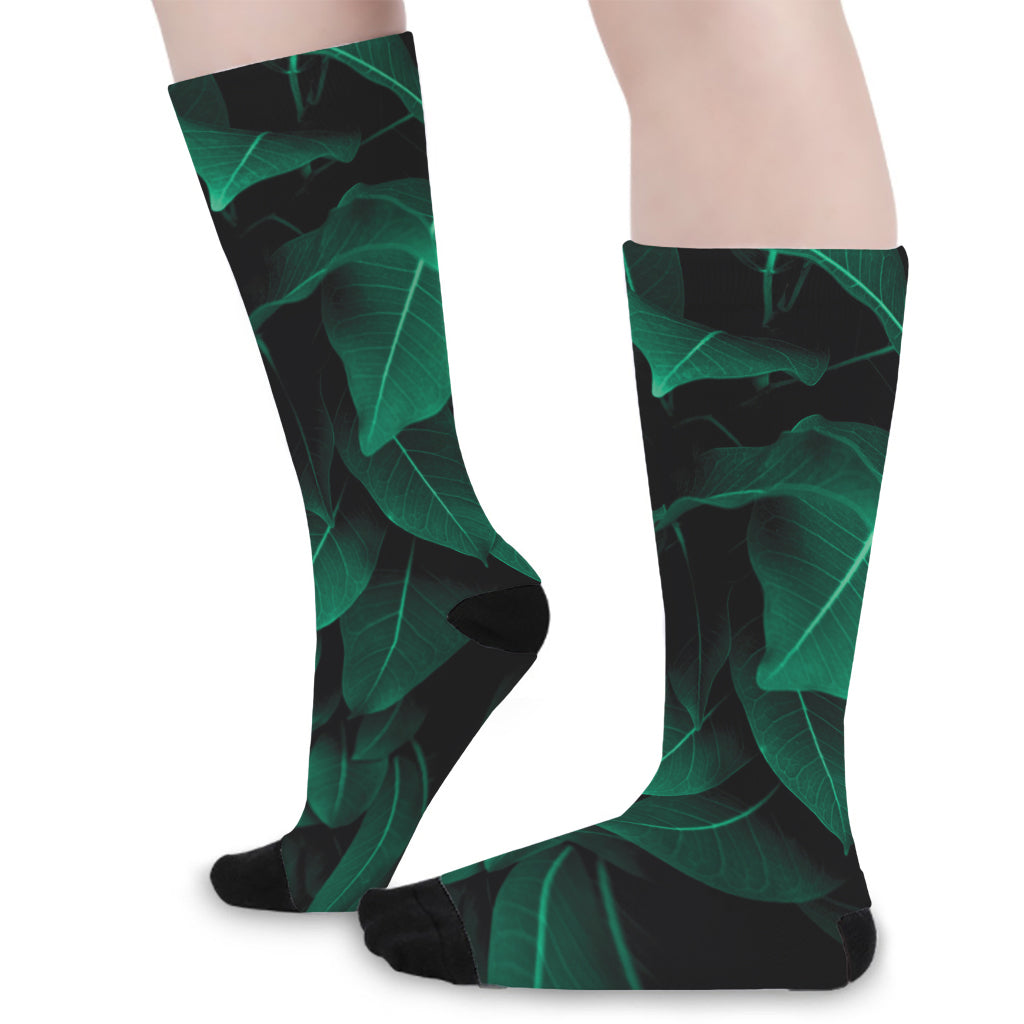 Natural Green Leaf Print Long Socks