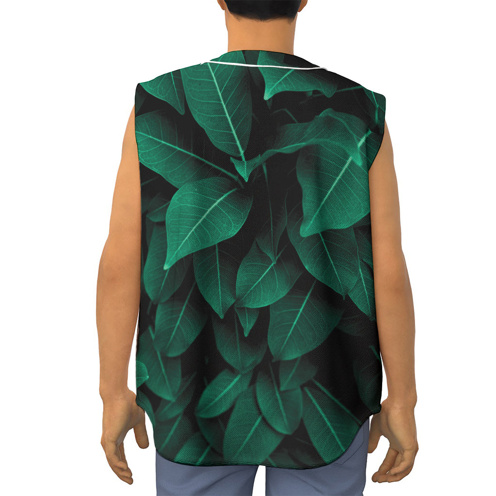 Natural Green Leaf Print Sleeveless Baseball Jersey