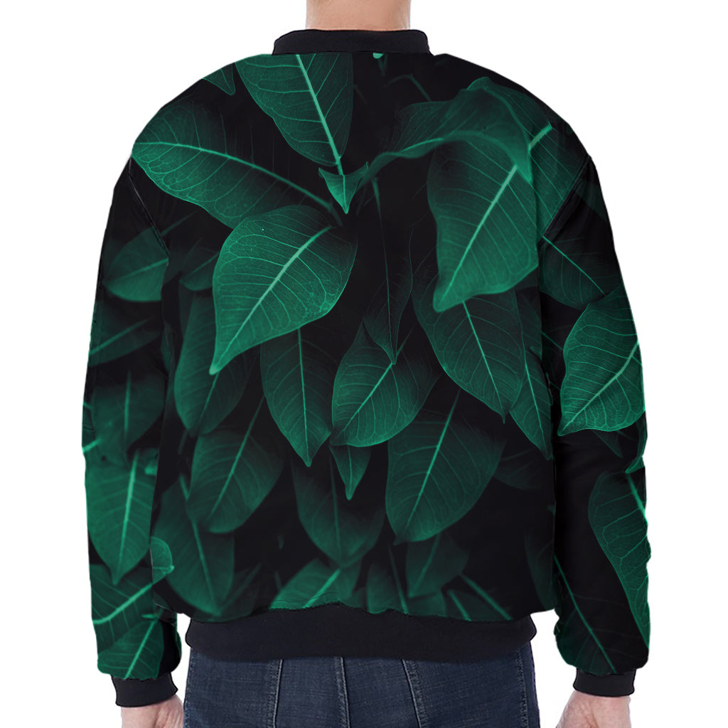 Natural Green Leaf Print Zip Sleeve Bomber Jacket