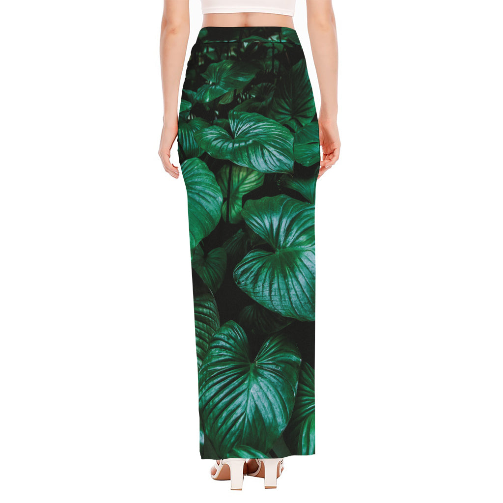Natural Tropical Leaf Print High Slit Maxi Skirt