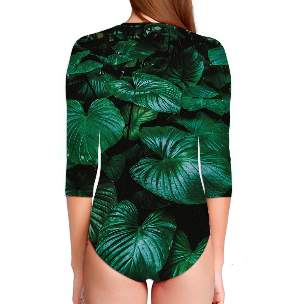 Natural Tropical Leaf Print Long Sleeve Swimsuit