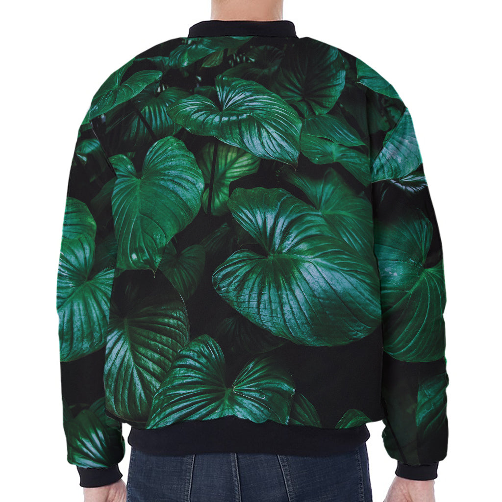 Natural Tropical Leaf Print Zip Sleeve Bomber Jacket