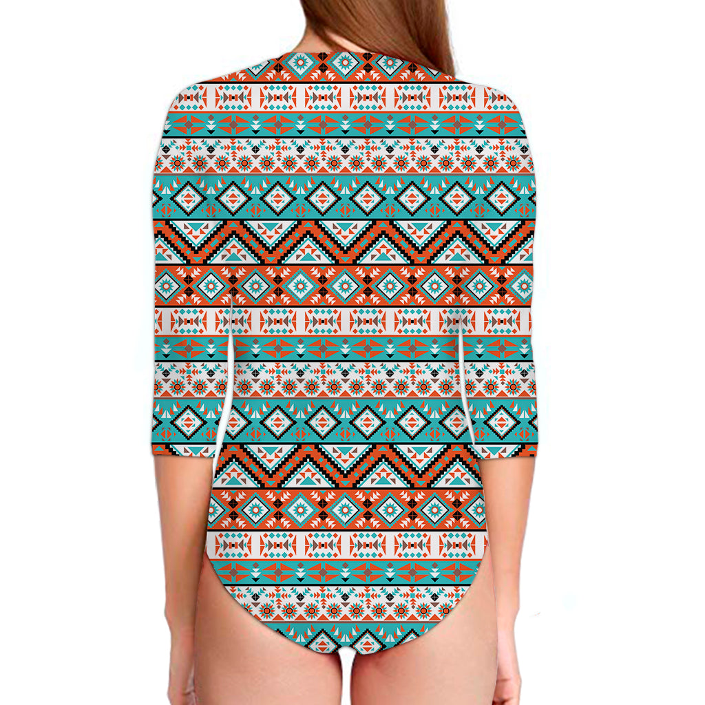 Navajo Geometric Pattern Print Long Sleeve Swimsuit