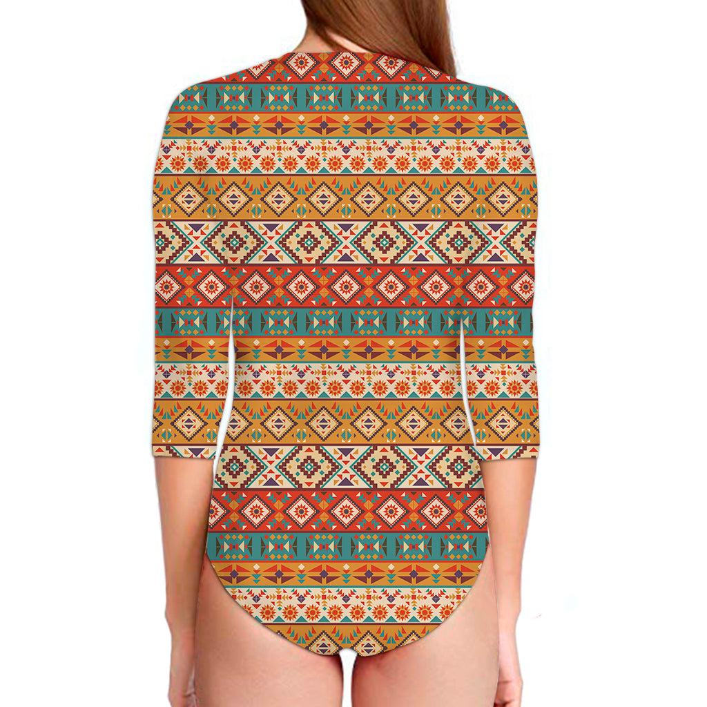 Navajo Native Pattern Print Long Sleeve Swimsuit