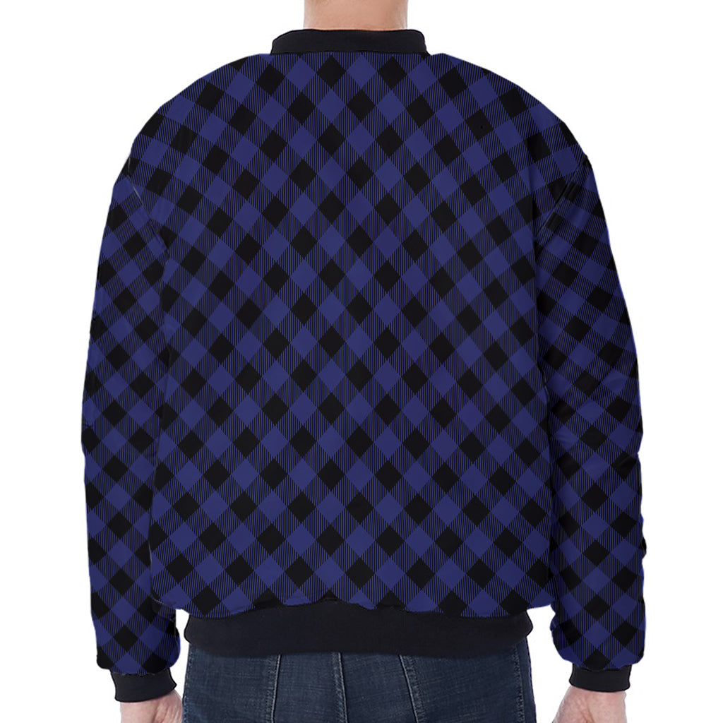 Navy And Black Buffalo Plaid Print Zip Sleeve Bomber Jacket