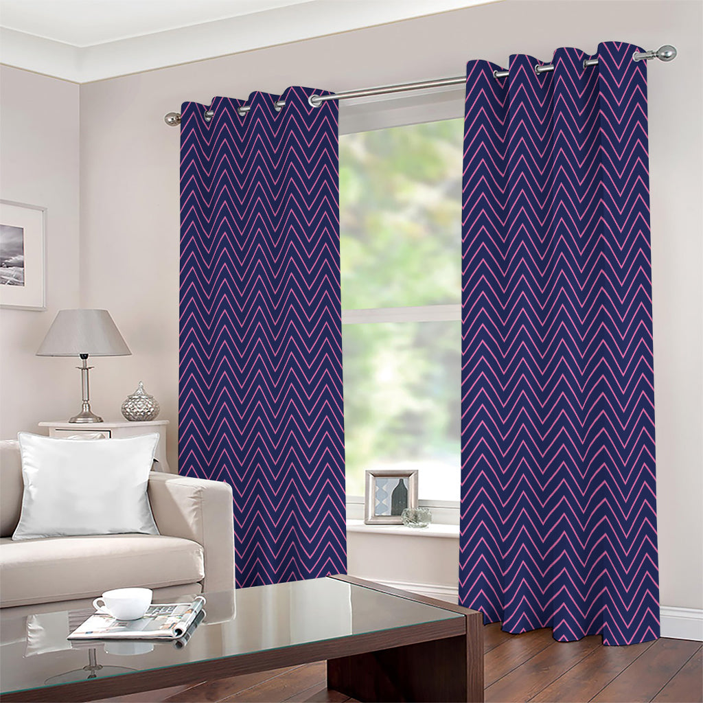 Navy And Pink Zigzag Pattern Print Extra Wide Grommet Curtains