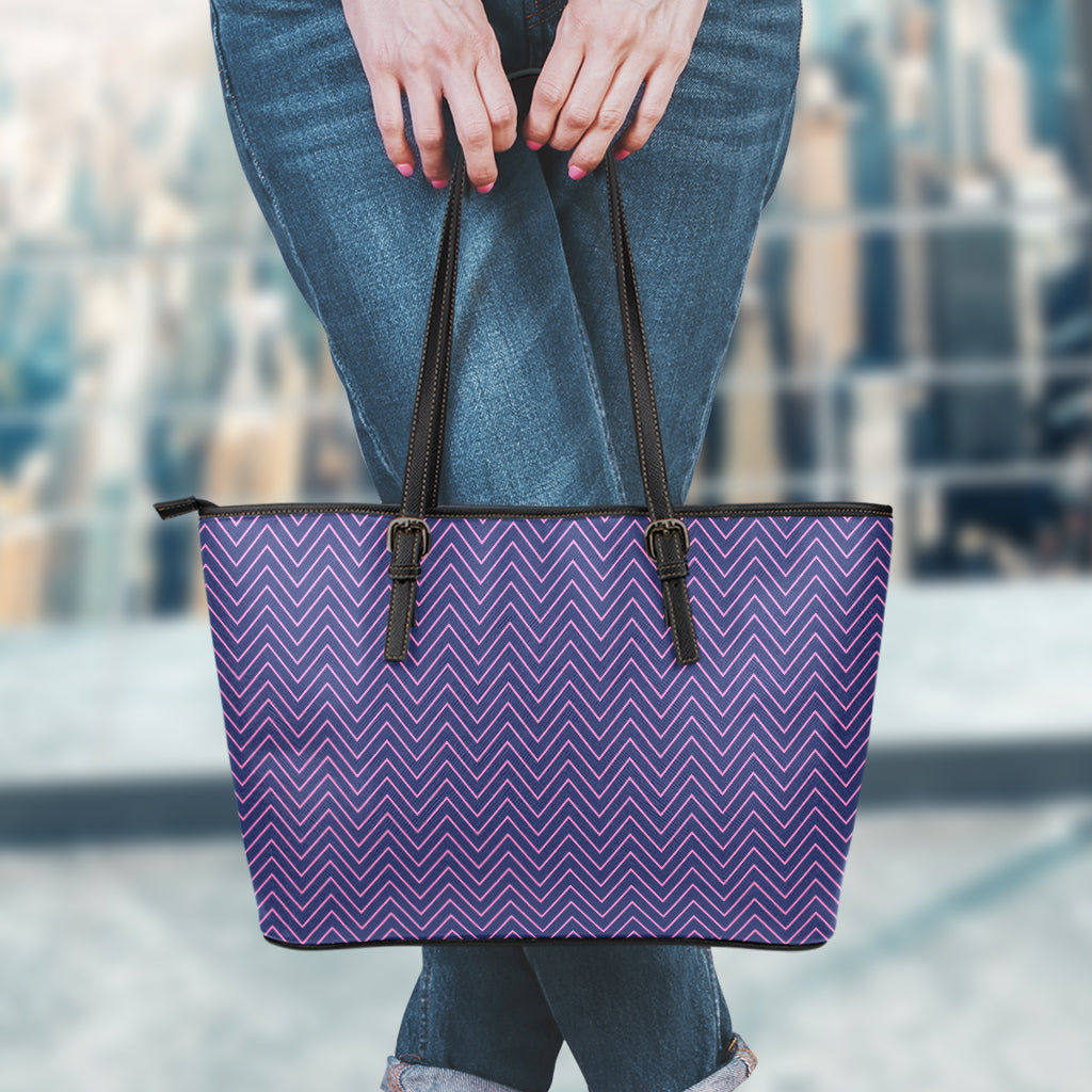 Navy And Pink Zigzag Pattern Print Leather Tote Bag