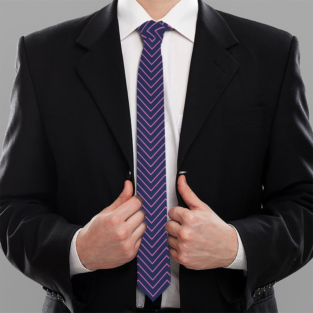 Navy And Pink Zigzag Pattern Print Necktie