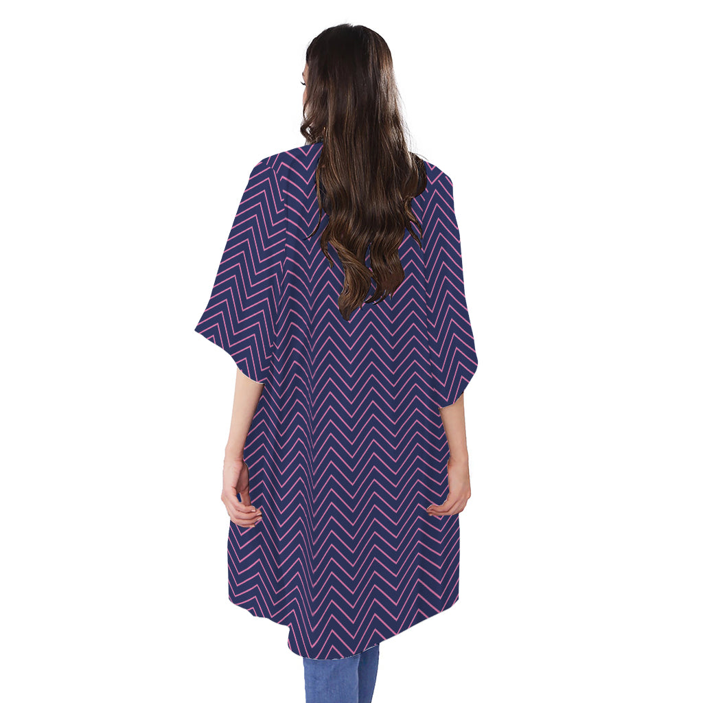 Navy And Pink Zigzag Pattern Print Open Front Beach Cover Up