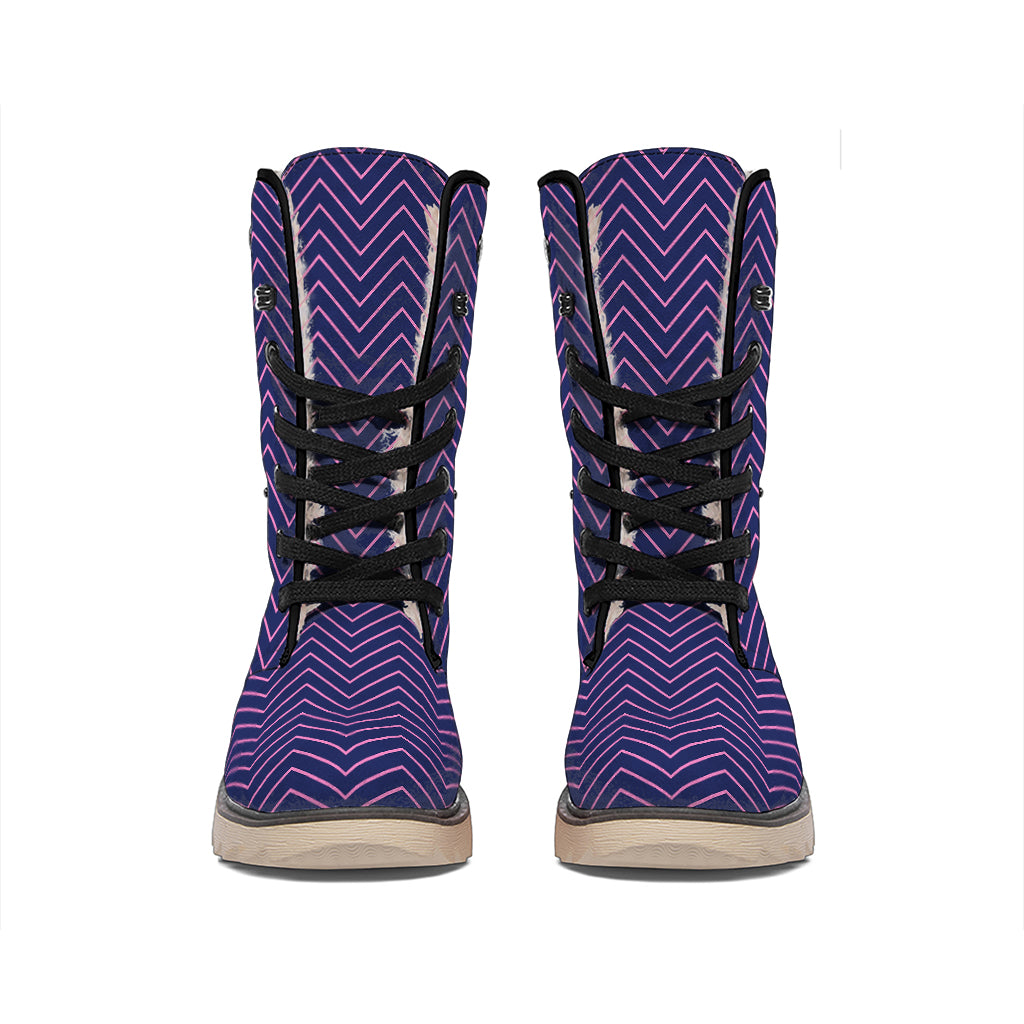 Navy And Pink Zigzag Pattern Print Winter Boots