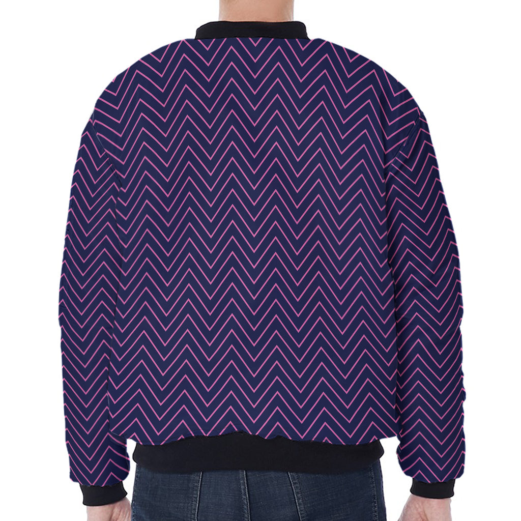 Navy And Pink Zigzag Pattern Print Zip Sleeve Bomber Jacket