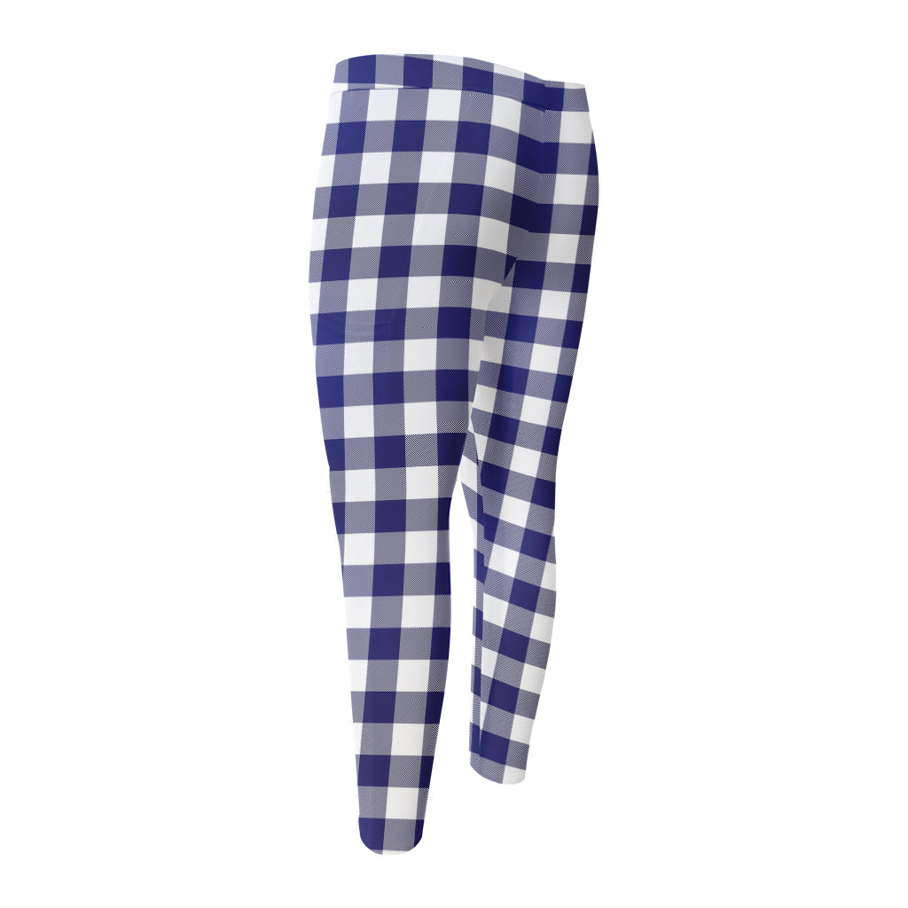 Navy And White Buffalo Check Print Men's Compression Pants