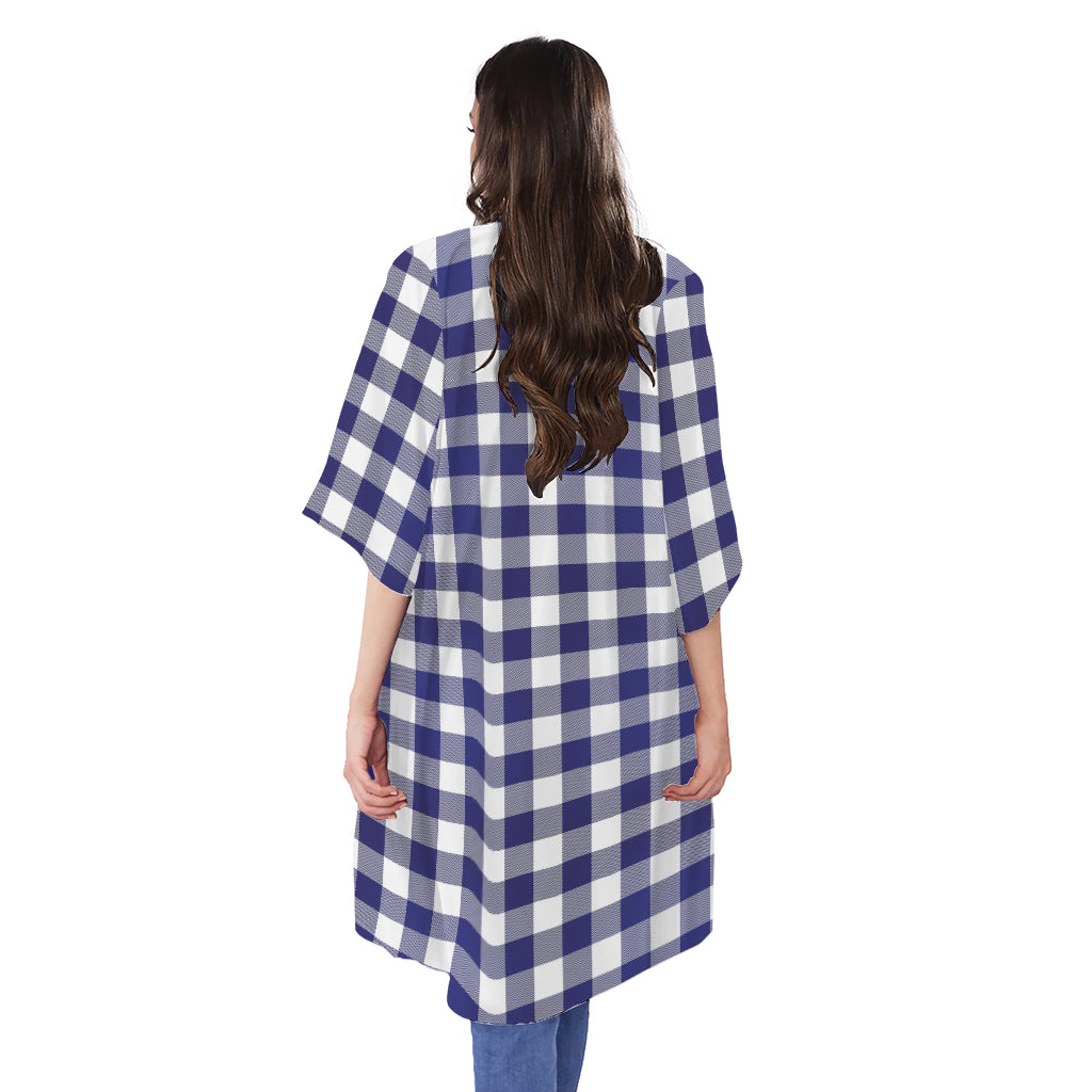 Navy And White Buffalo Check Print Open Front Beach Cover Up