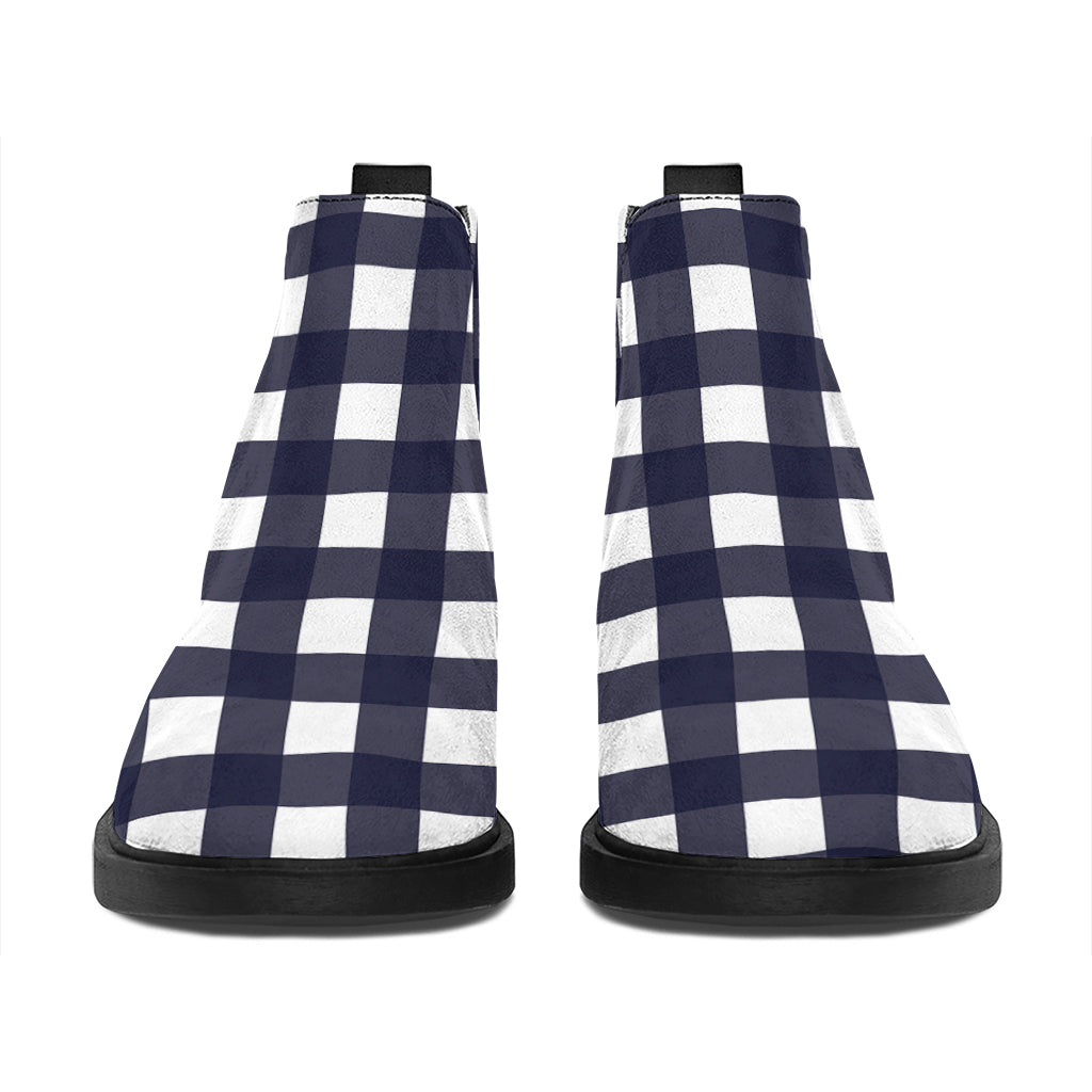 Navy And White Check Pattern Print Flat Ankle Boots