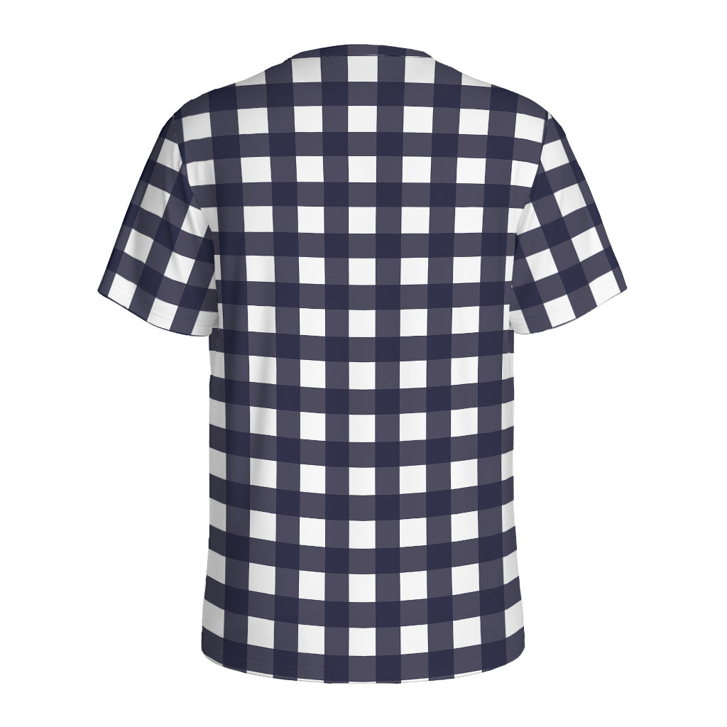 Navy And White Check Pattern Print Men's Sports T-Shirt