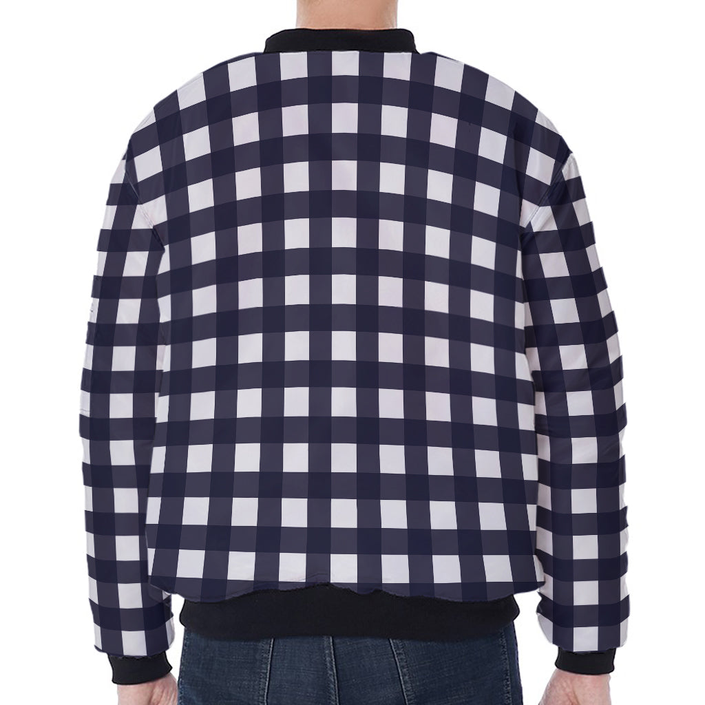 Navy And White Check Pattern Print Zip Sleeve Bomber Jacket